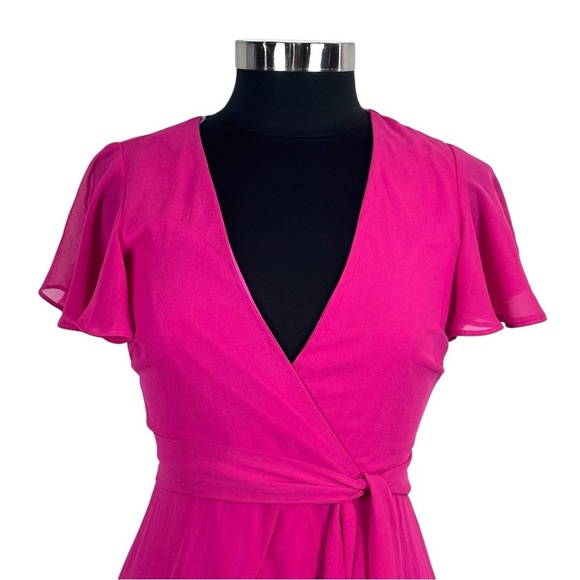 LULUS SWEET LIKE YOU HOT PINK RUFFLED SURPLICE CHIFFON MINI DRESS - Picture 7 of 16